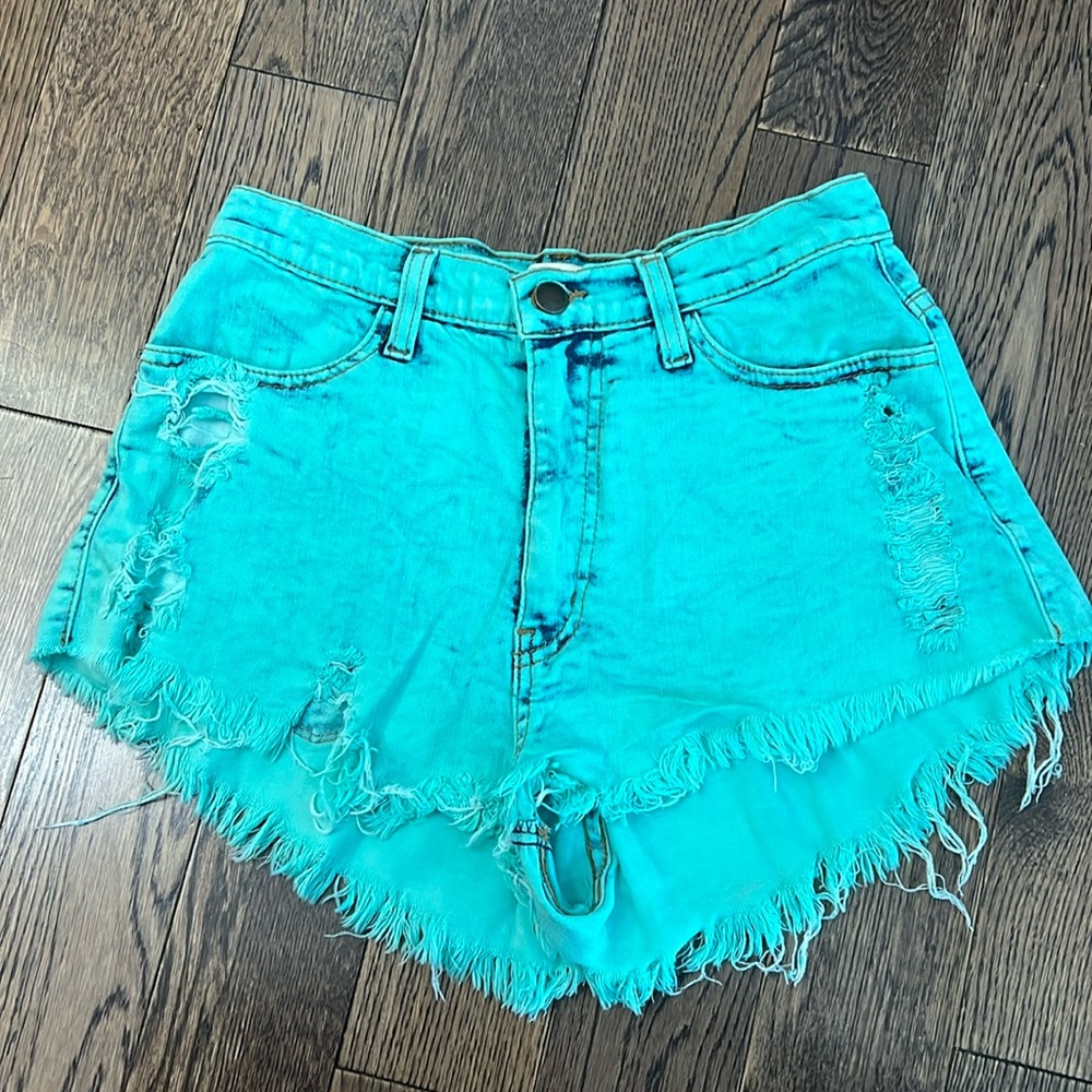 High-Rise Distressed Turquoise Jean Shorts